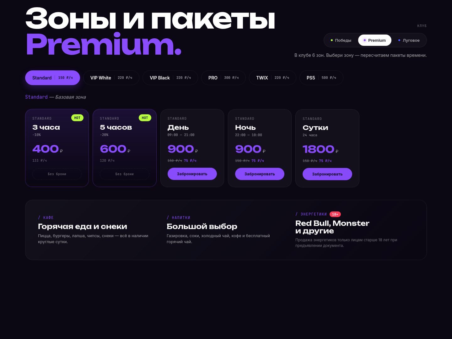 Тарифы Premium: зоны Standard, VIP, PRO, TWIX и пакеты времени